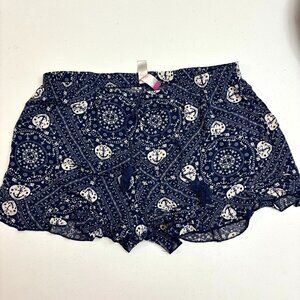 No Boundaries Navy Bandana Print Shorts – Boho Nautical Tassel Trim, XL (15–17)